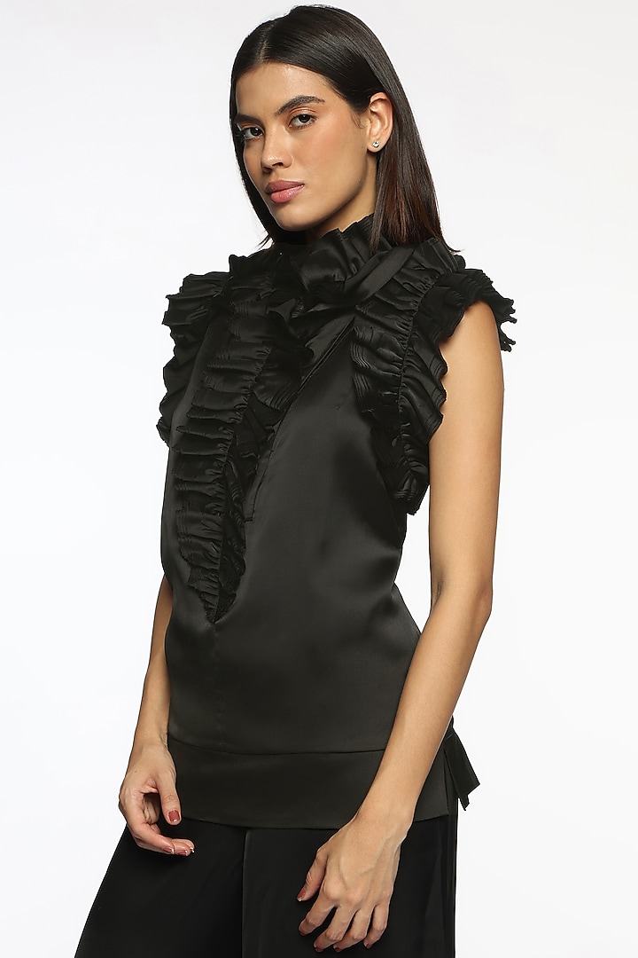 Black Satin Ruffled Top by Sonal Singh at Pernia's Pop Up Shop