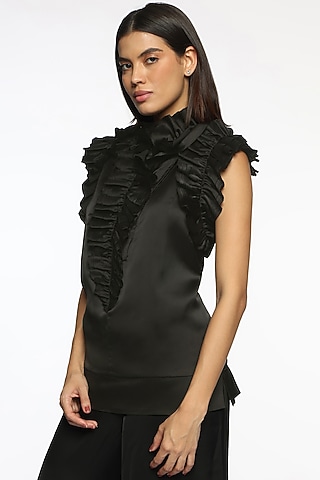 Black Satin Ruffled Top by Sonal Singh