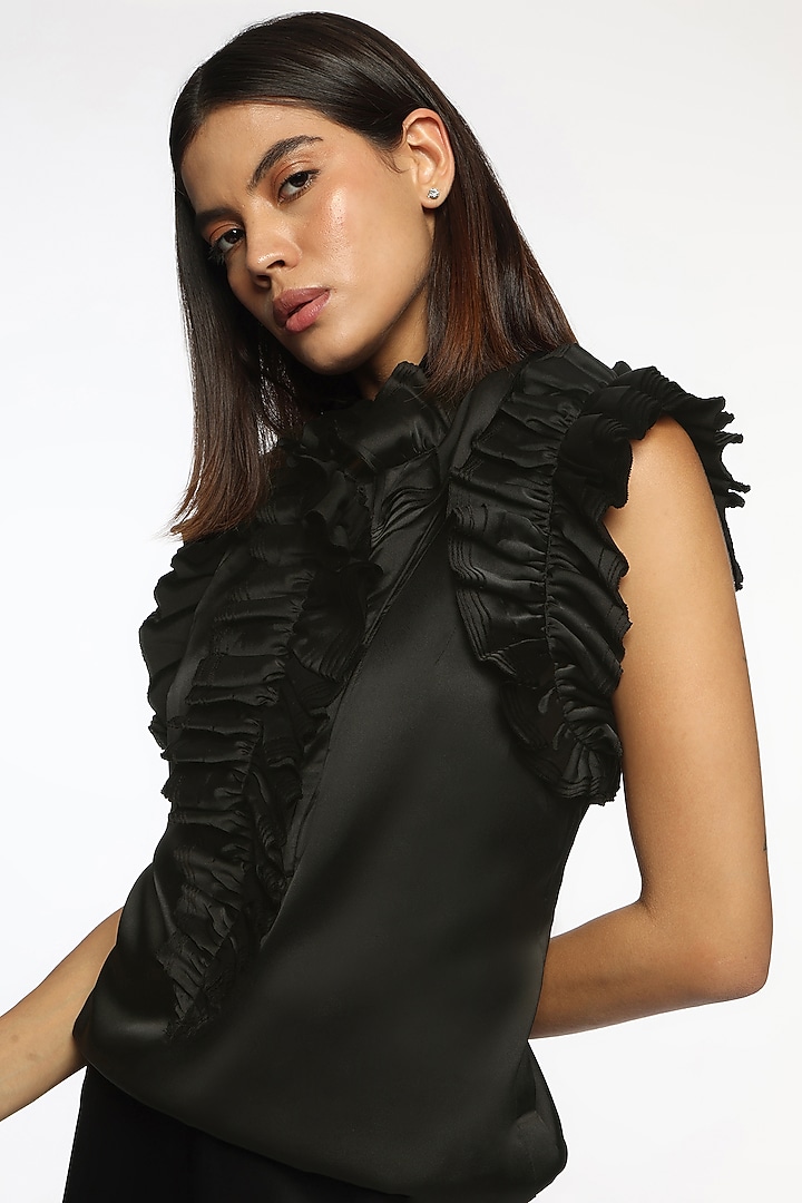 Black Satin Ruffled Top by Sonal Singh at Pernia's Pop Up Shop