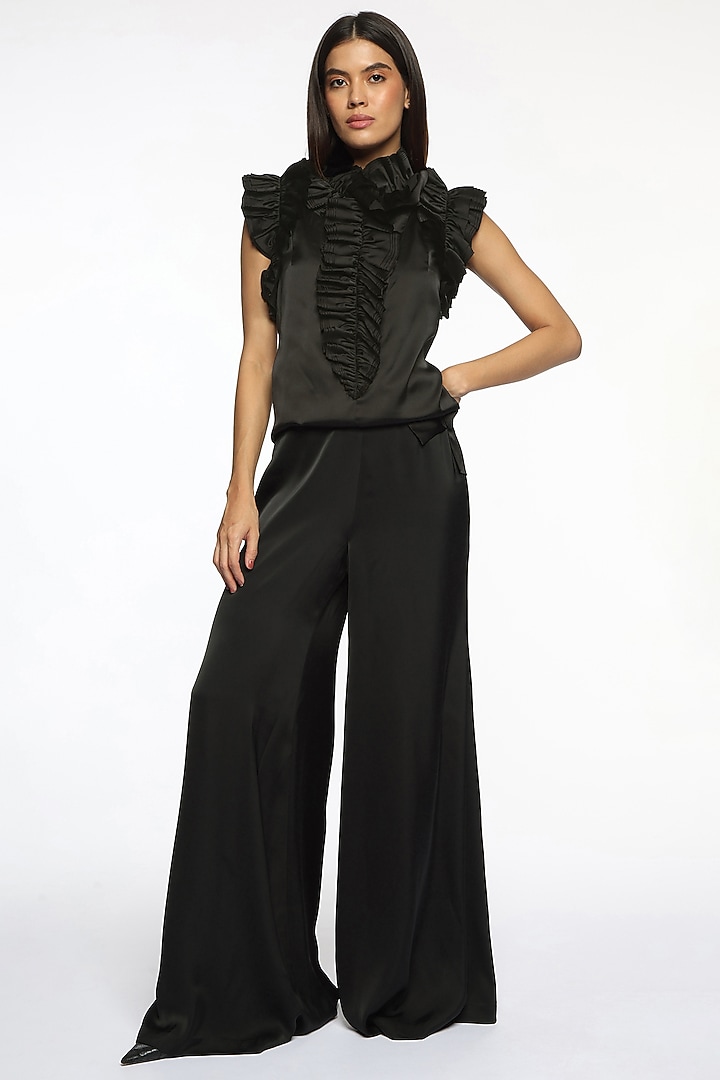Black Satin Ruffled Top by Sonal Singh at Pernia's Pop Up Shop