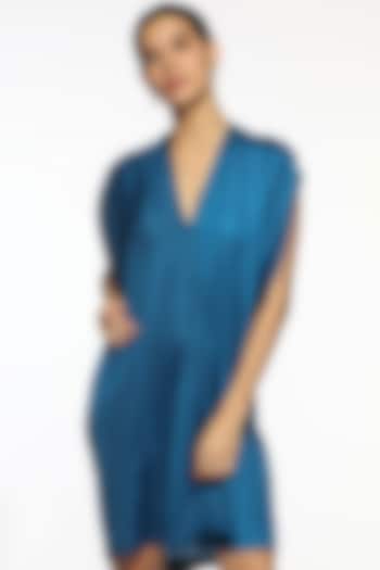 Deep Ocean Blue Satin Box Pleated Summer Dress by Sonal Singh at Pernia's Pop Up Shop