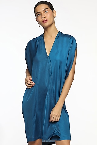 Deep Ocean Blue Satin Box Pleated Dress by Sonal Singh