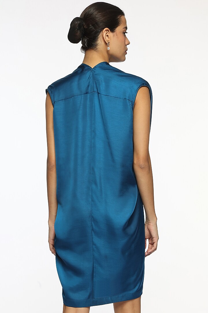 Deep Ocean Blue Satin Box Pleated Summer Dress by Sonal Singh at Pernia's Pop Up Shop
