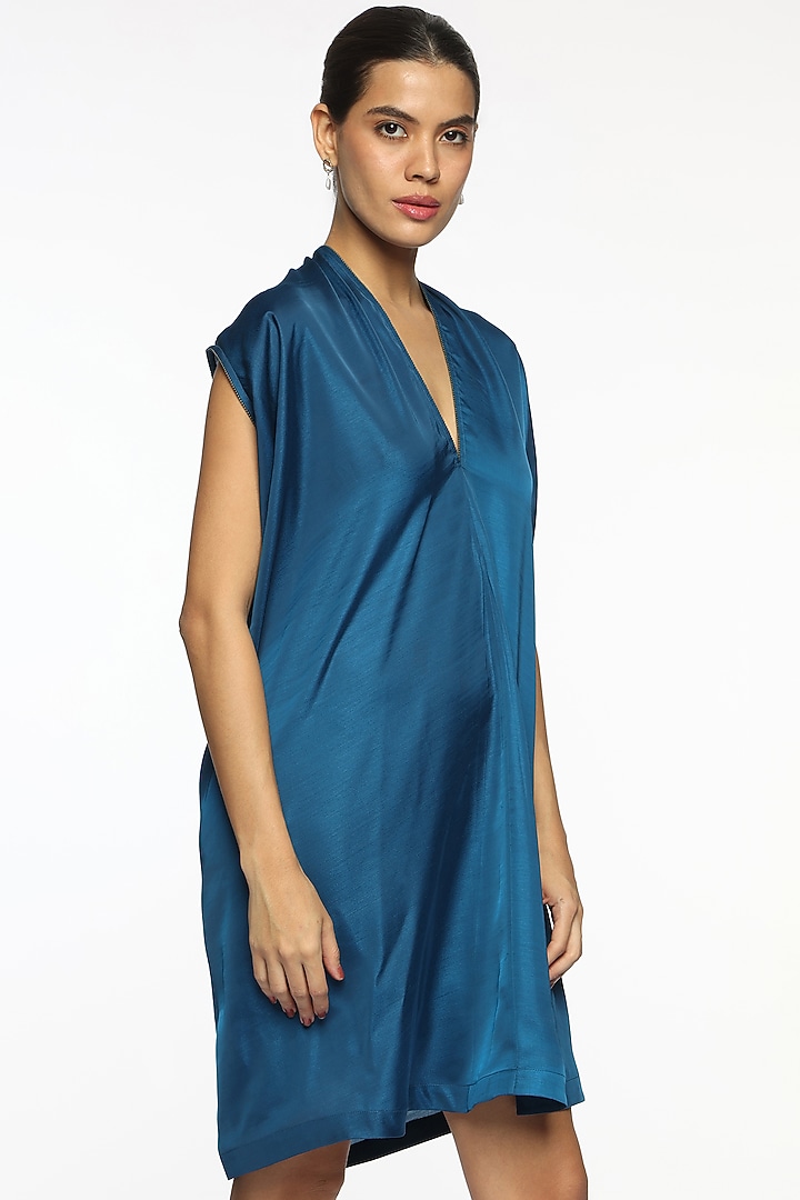 Deep Ocean Blue Satin Box Pleated Summer Dress by Sonal Singh at Pernia's Pop Up Shop