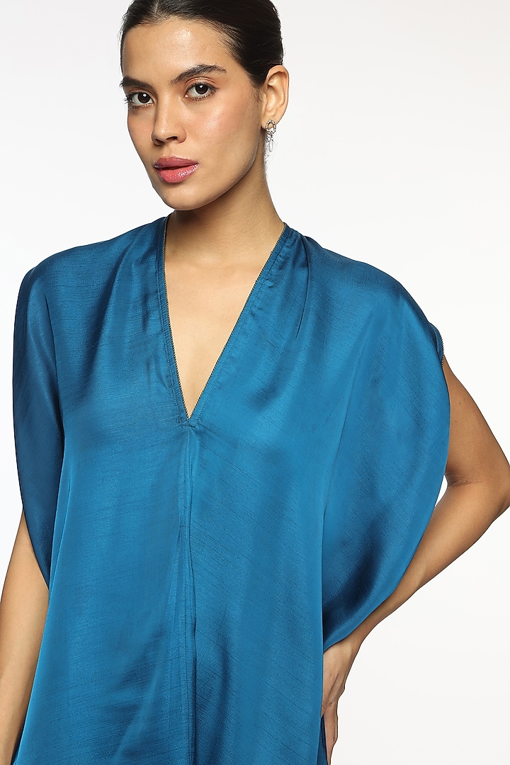 Deep Ocean Blue Satin Box Pleated Summer Dress by Sonal Singh at Pernia's Pop Up Shop