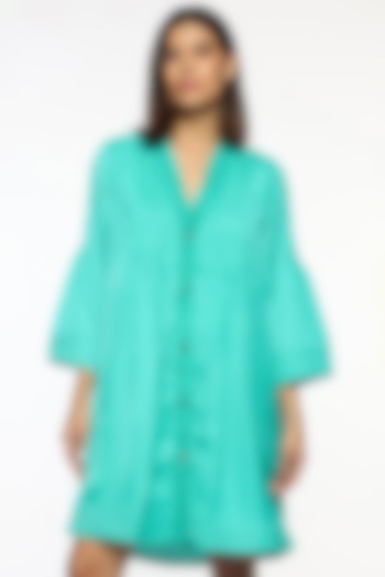Atlantis Blue Satin Pintucks Summer Dress by Sonal Singh at Pernia's Pop Up Shop