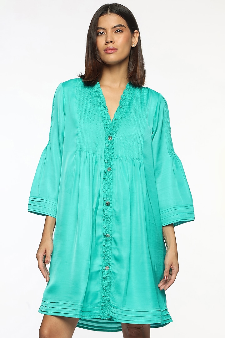 Atlantis Blue Satin Pintucks Summer Dress by Sonal Singh at Pernia's Pop Up Shop