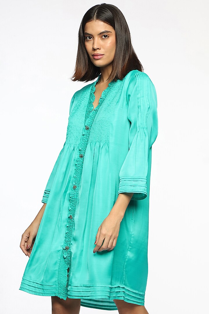 Atlantis Blue Satin Pintucks Summer Dress by Sonal Singh at Pernia's Pop Up Shop