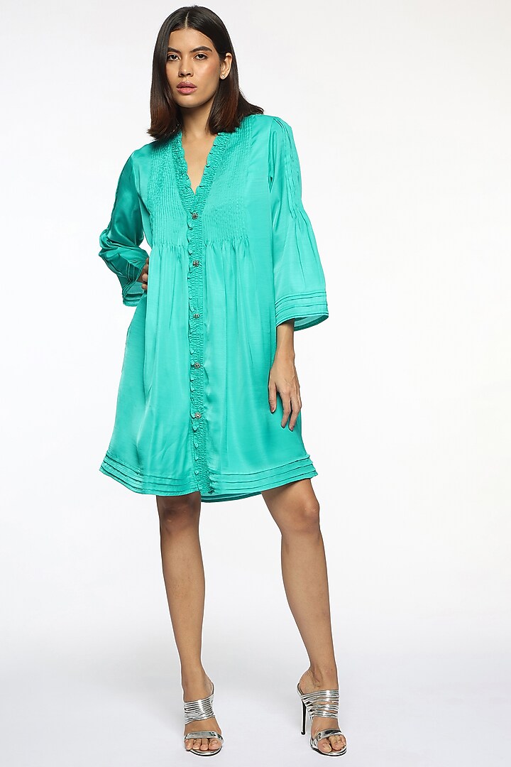 Atlantis Blue Satin Pintucks Summer Dress by Sonal Singh at Pernia's Pop Up Shop