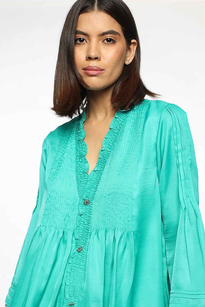 Atlantis Blue Satin Pintucks Summer Dress by Sonal Singh at Pernia's Pop Up Shop