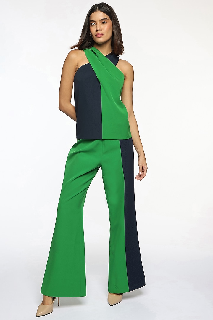 Blue & Everglades Banana Crepe Cross Neck Color Blocked Top by Sonal Singh at Pernia's Pop Up Shop