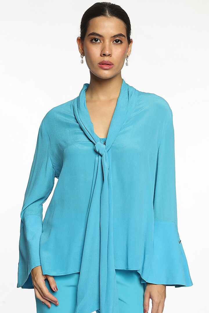 Blue Silk Crepe Blouse by Sonal Singh at Pernia's Pop Up Shop