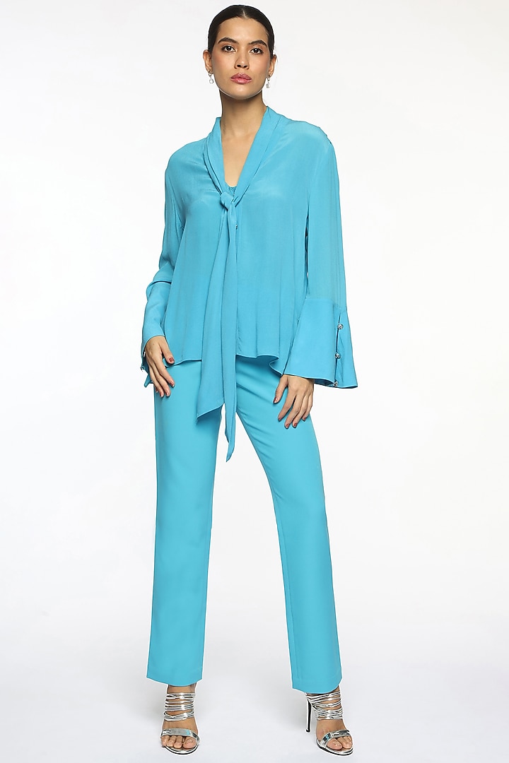Blue Silk Crepe Blouse by Sonal Singh at Pernia's Pop Up Shop