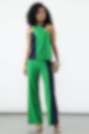 Blue & Everglades Banana Crepe Color Blocked Wide-Legged Pants by Sonal Singh at Pernia's Pop Up Shop