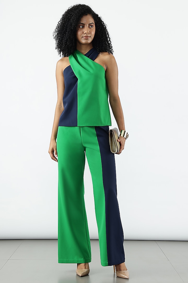 Blue & Everglades Banana Crepe Color Blocked Wide-Legged Pants by Sonal Singh at Pernia's Pop Up Shop