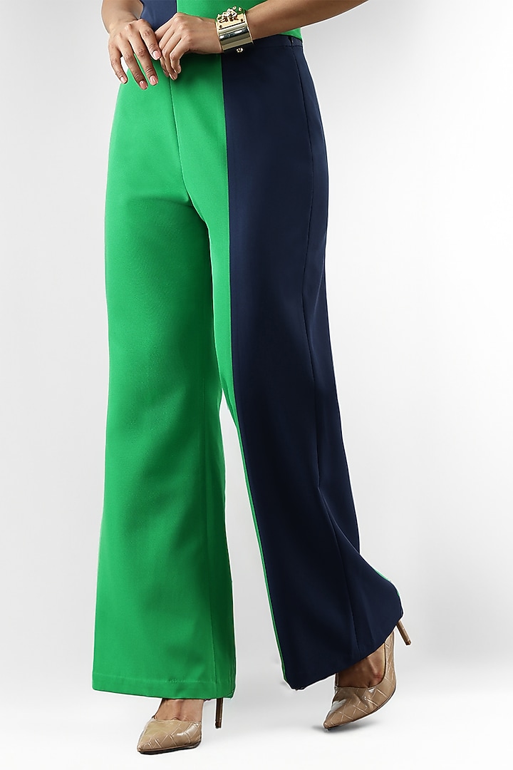 Blue & Everglades Banana Crepe Color Blocked Wide-Legged Pants by Sonal Singh at Pernia's Pop Up Shop