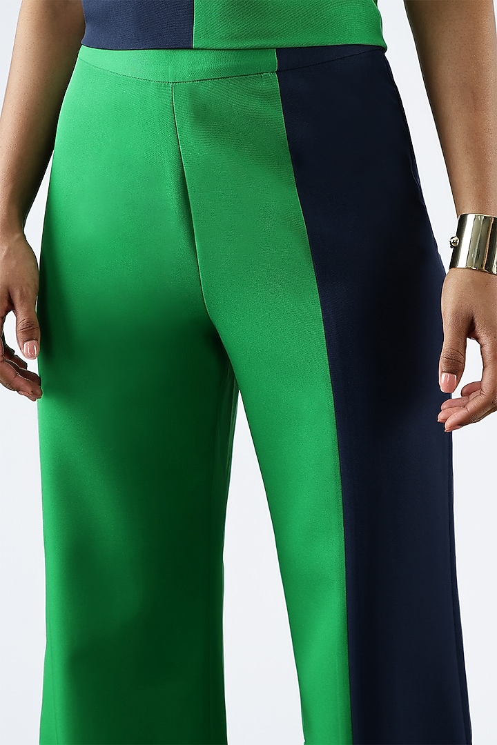 Blue & Everglades Banana Crepe Color Blocked Wide-Legged Pants by Sonal Singh at Pernia's Pop Up Shop