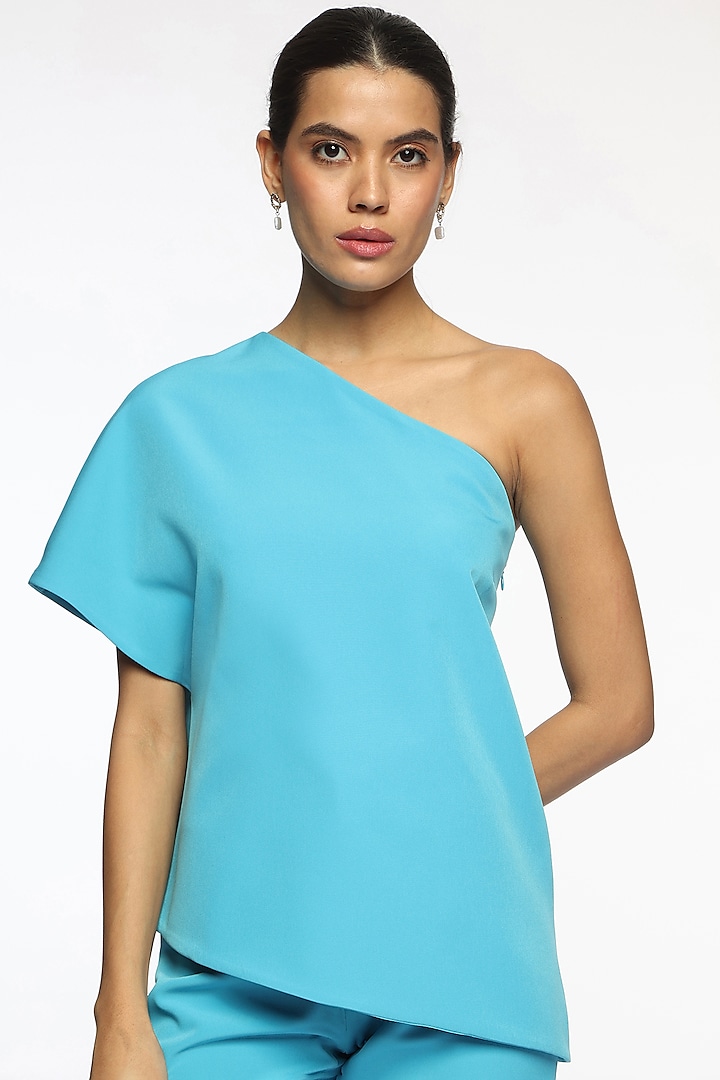 Blue Banana Crepe One-Shoulder Blouse by Sonal Singh at Pernia's Pop Up Shop
