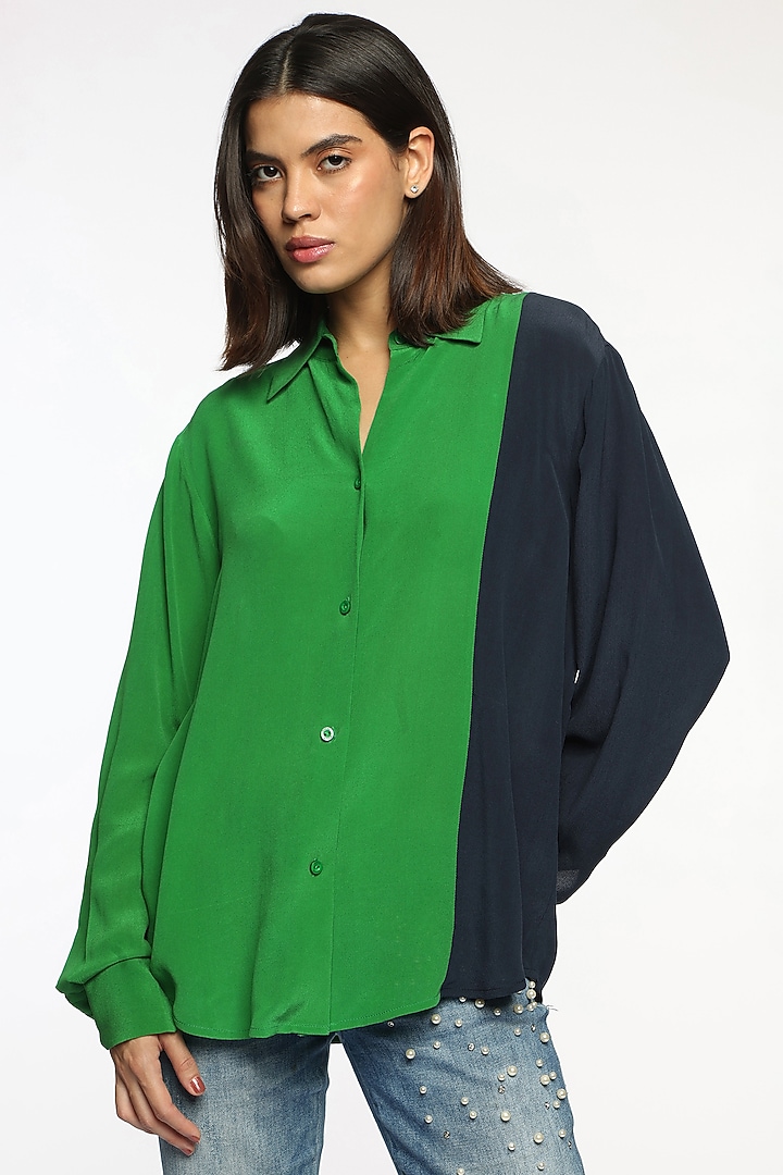 Everglades & Blue Silk Crepe Color Blocked Shirt by Sonal Singh at Pernia's Pop Up Shop