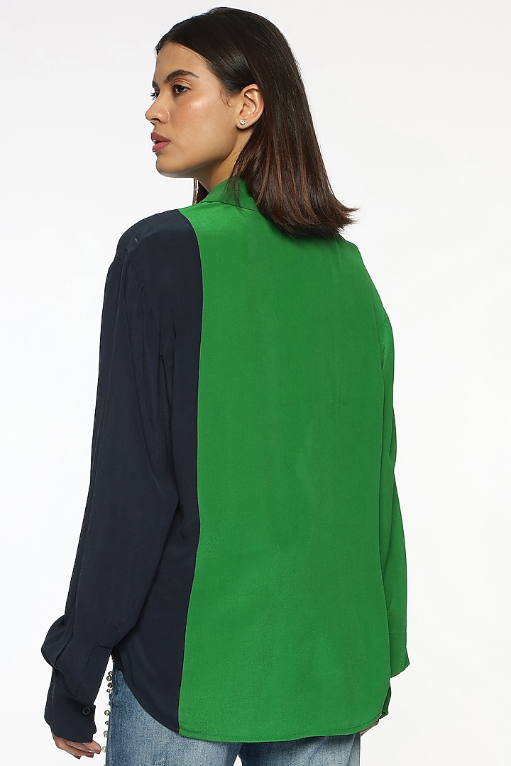 Everglades & Blue Silk Crepe Color Blocked Shirt by Sonal Singh at Pernia's Pop Up Shop
