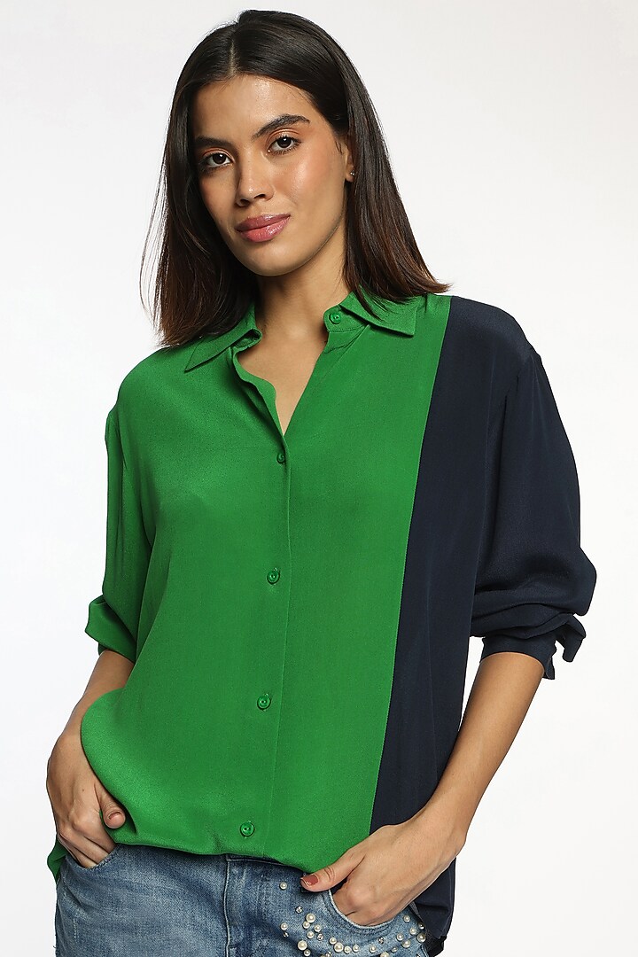 Everglades & Blue Silk Crepe Color Blocked Shirt by Sonal Singh at Pernia's Pop Up Shop