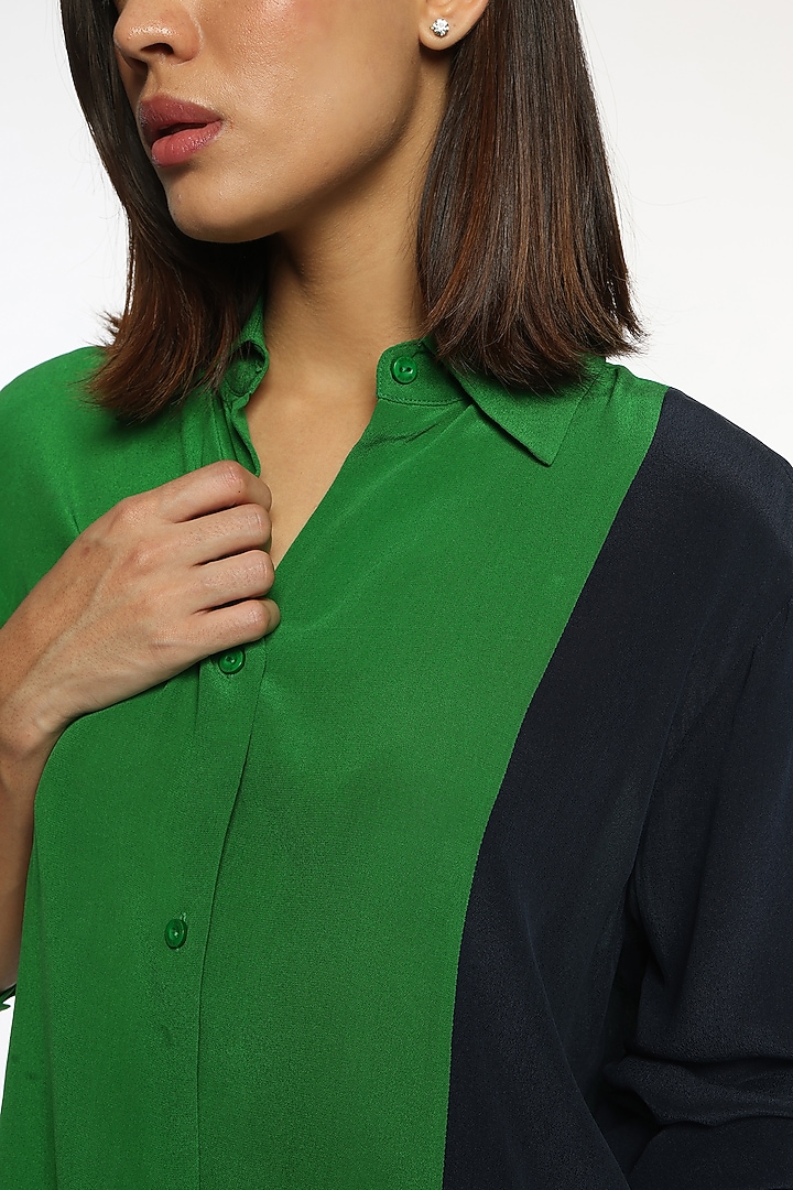 Everglades & Blue Silk Crepe Color Blocked Shirt by Sonal Singh at Pernia's Pop Up Shop