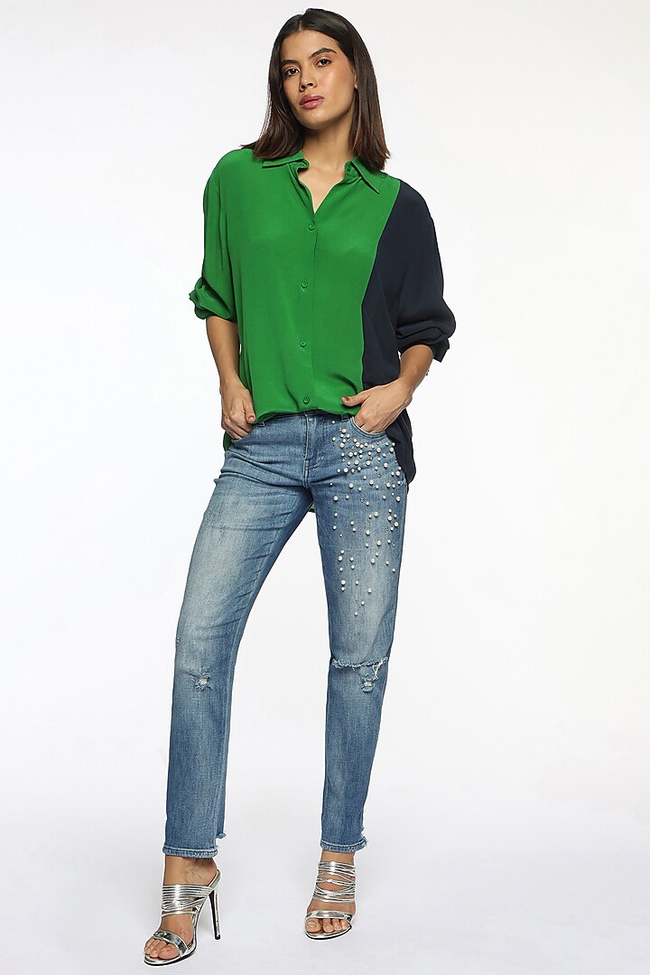 Everglades & Blue Silk Crepe Color Blocked Shirt by Sonal Singh at Pernia's Pop Up Shop
