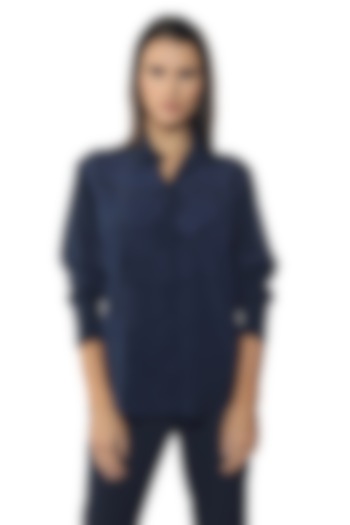 Blue Depths Silk Crepe Embroidered Shirt by Sonal Singh at Pernia's Pop Up Shop