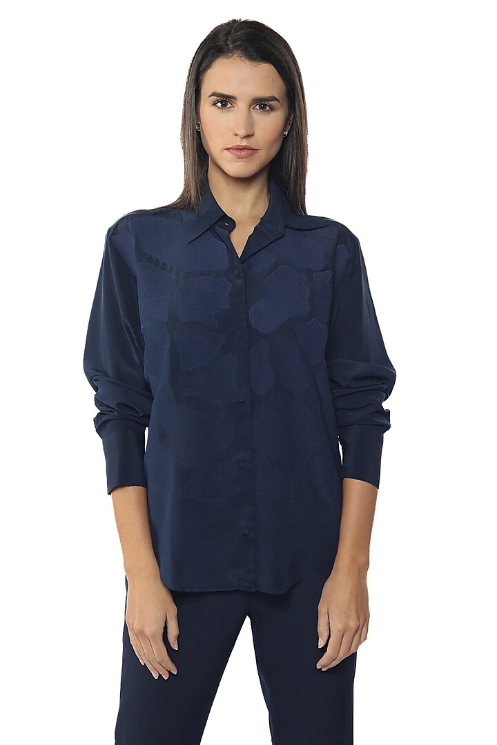 Blue Depths Silk Crepe Embroidered Shirt by Sonal Singh at Pernia's Pop Up Shop