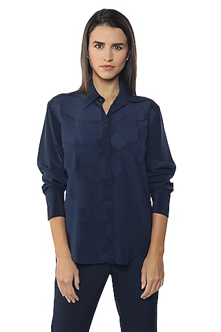 Blue Depths Silk Crepe Embroidered Shirt by Sonal Singh