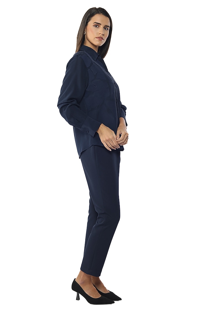 Blue Depths Silk Crepe Embroidered Shirt by Sonal Singh at Pernia's Pop Up Shop