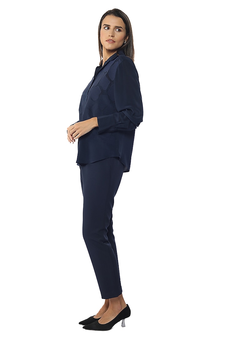 Blue Depths Silk Crepe Embroidered Shirt by Sonal Singh at Pernia's Pop Up Shop