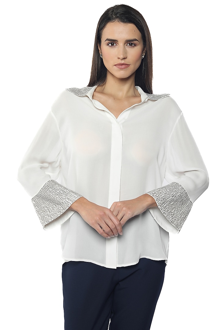 Lucent White Silk Crepe Embroidered Shirt by Sonal Singh at Pernia's Pop Up Shop
