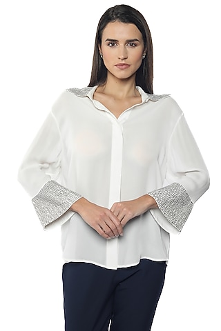 Lucent White Silk Crepe Embroidered Shirt by Sonal Singh