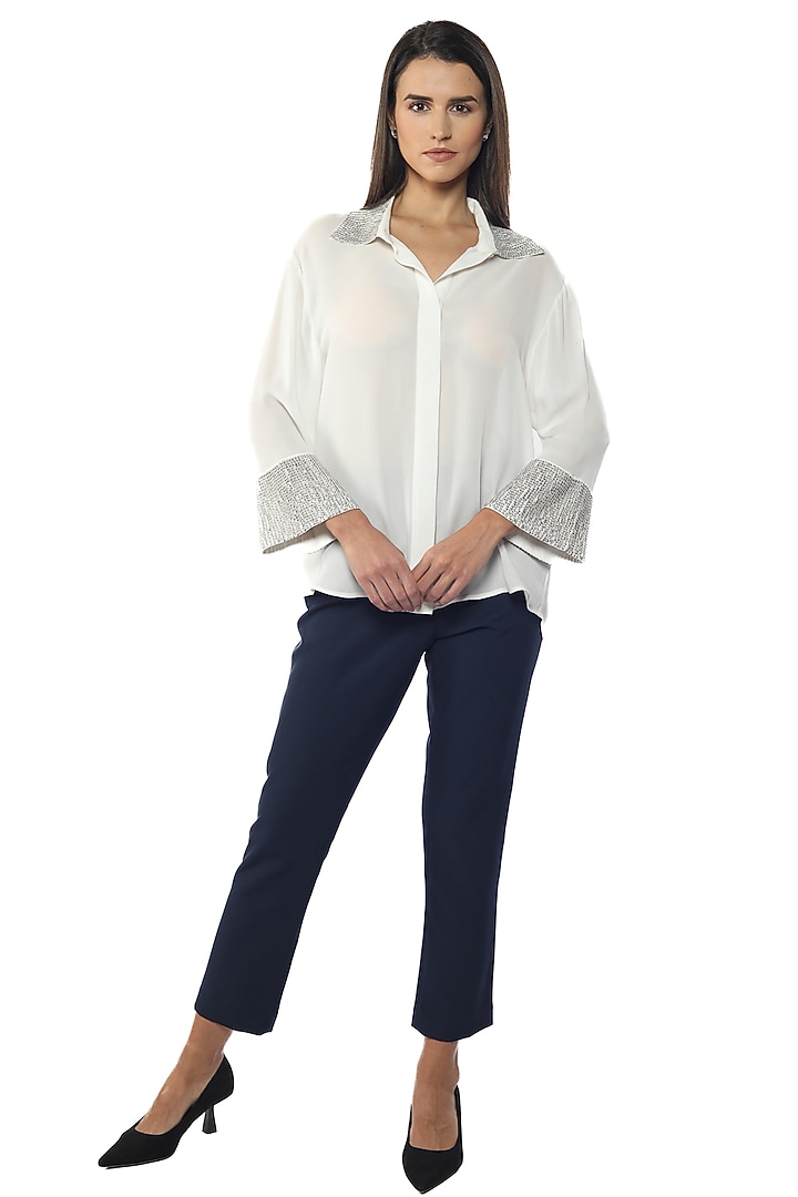 Lucent White Silk Crepe Embroidered Shirt by Sonal Singh at Pernia's Pop Up Shop