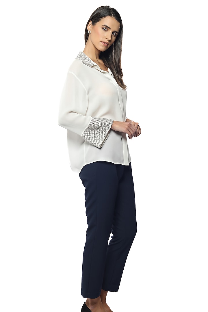Lucent White Silk Crepe Embroidered Shirt by Sonal Singh at Pernia's Pop Up Shop
