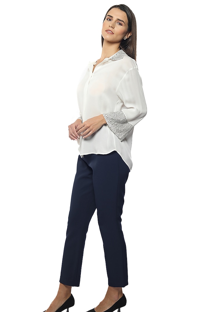 Lucent White Silk Crepe Embroidered Shirt by Sonal Singh at Pernia's Pop Up Shop