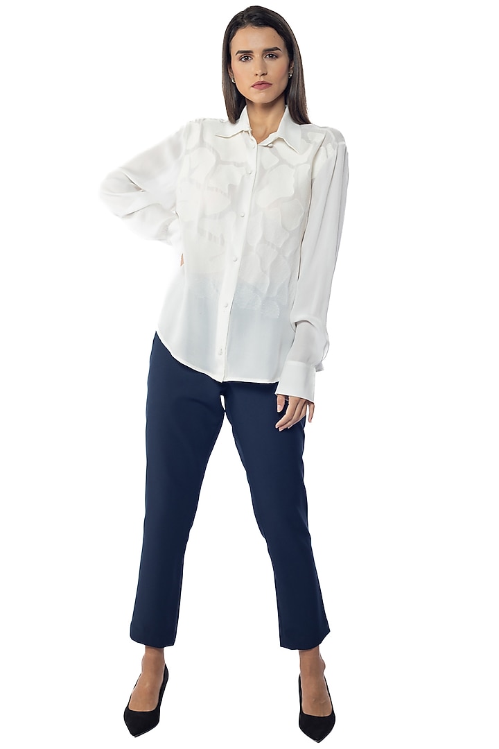 Lucent White Silk Crepe Embroidered Shirt by Sonal Singh at Pernia's Pop Up Shop