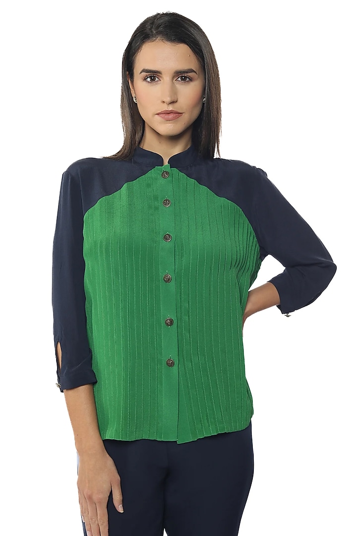 Blue Depths & Everglades Silk Crepe Embellished Shirt by Sonal Singh at Pernia's Pop Up Shop