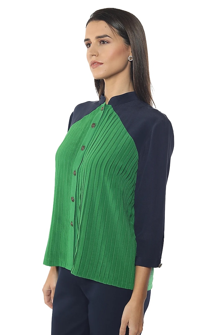 Blue Depths & Everglades Silk Crepe Embellished Shirt by Sonal Singh at Pernia's Pop Up Shop