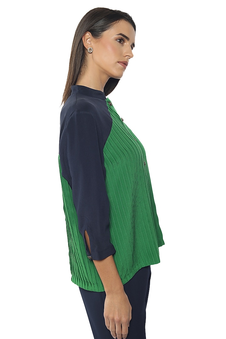 Blue Depths & Everglades Silk Crepe Embellished Shirt by Sonal Singh at Pernia's Pop Up Shop