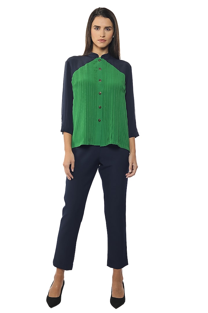 Blue Depths & Everglades Silk Crepe Embellished Shirt by Sonal Singh at Pernia's Pop Up Shop