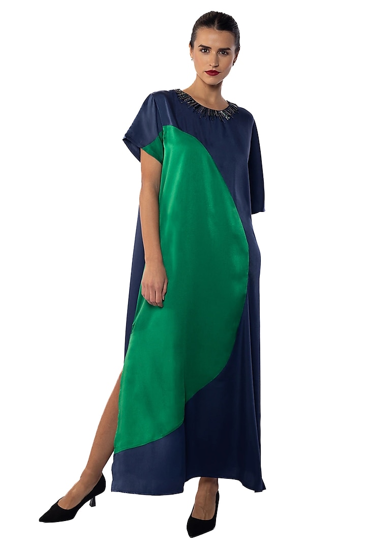Ping Blue & Everglades Satin Embellished Vacation Dress by Sonal Singh at Pernia's Pop Up Shop