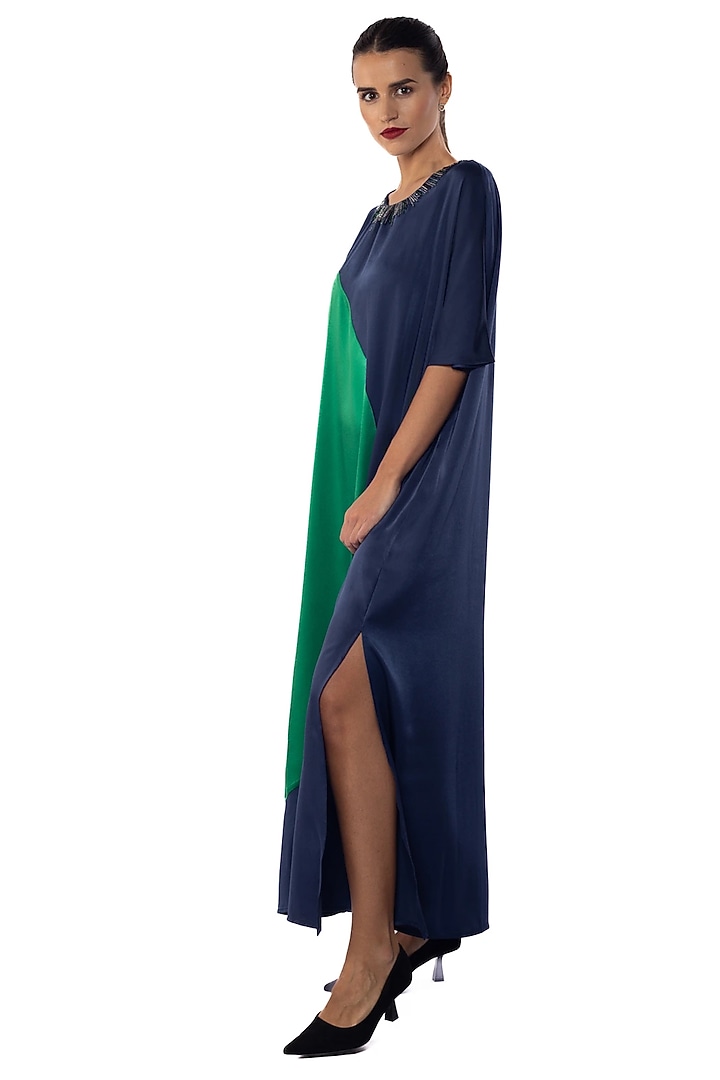 Ping Blue & Everglades Satin Embellished Vacation Dress by Sonal Singh at Pernia's Pop Up Shop