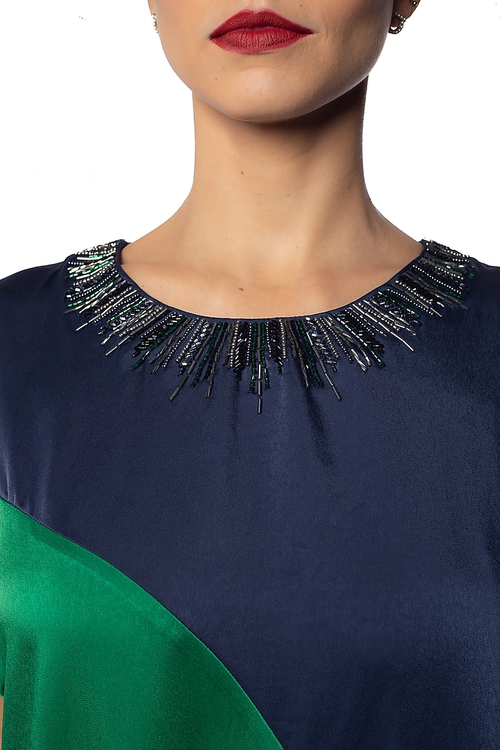 Ping Blue & Everglades Satin Embellished Vacation Dress by Sonal Singh at Pernia's Pop Up Shop