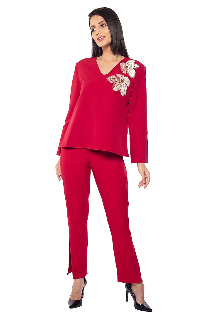 Red Vamp Banana Crepe Pants by Sonal Singh at Pernia's Pop Up Shop