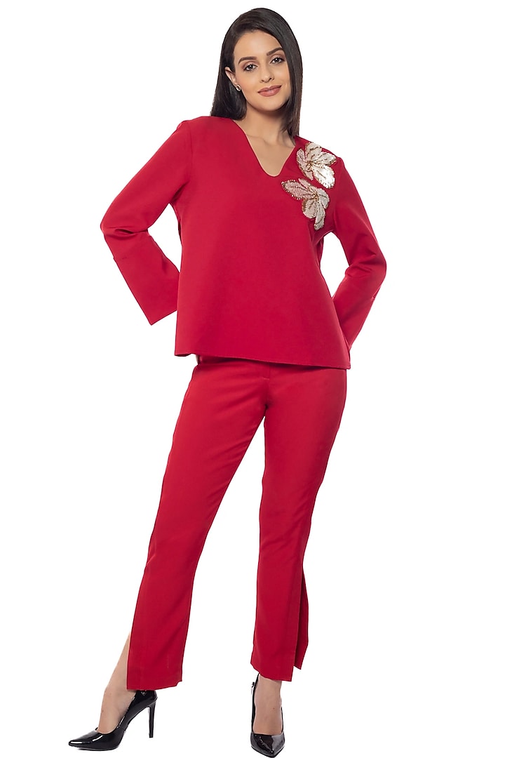 Red Vamp Banana Crepe Sequins Embellished Top by Sonal Singh at Pernia's Pop Up Shop