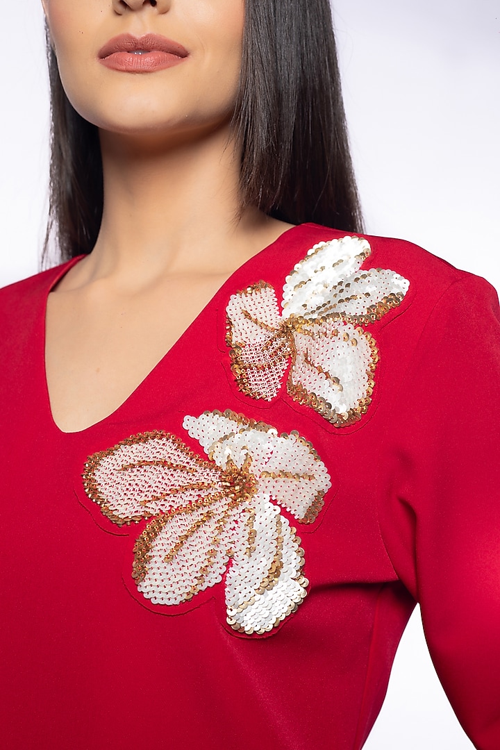 Red Vamp Banana Crepe Sequins Embellished Top by Sonal Singh at Pernia's Pop Up Shop