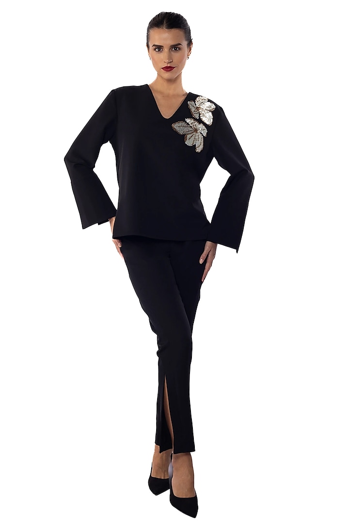 Black Banana Crepe Sequins Embellished Top by Sonal Singh at Pernia's Pop Up Shop