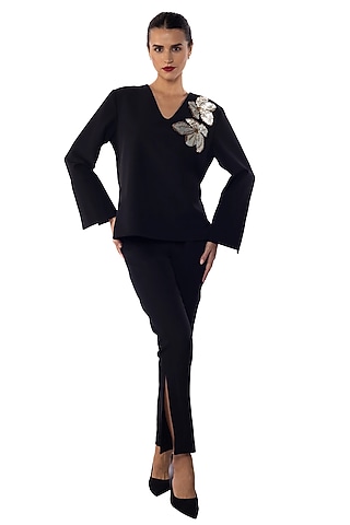Black Banana Crepe Sequins Embellished Top by Sonal Singh